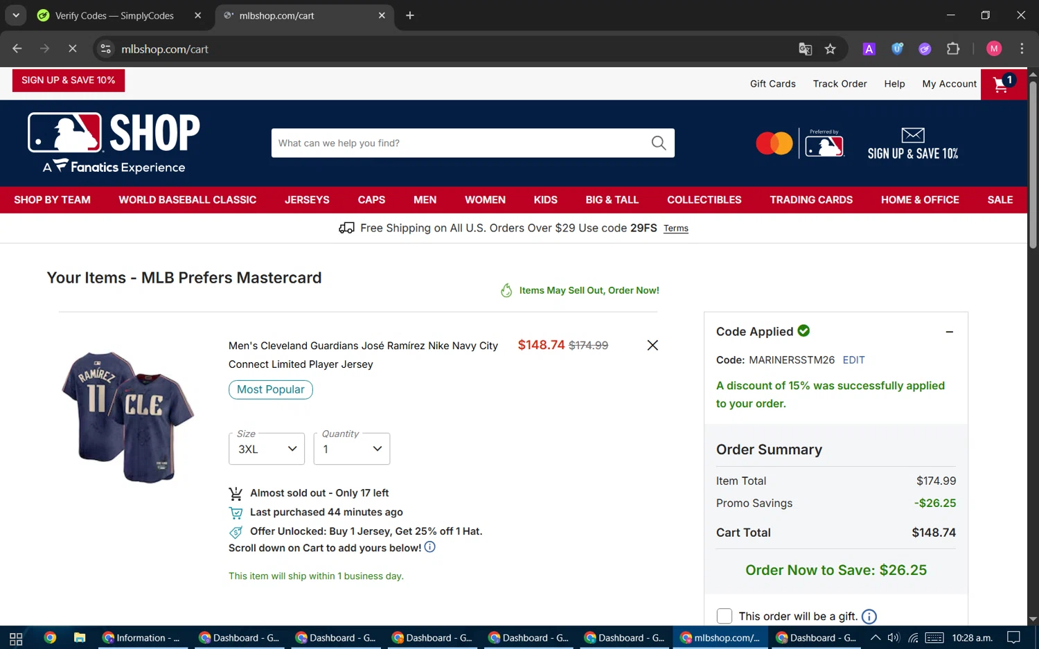 Cleveland Guardians checkout page showing Cleveland Guardians coupon code box | Screenshot taken by SimplyCodes community member on Feb 22, 2026