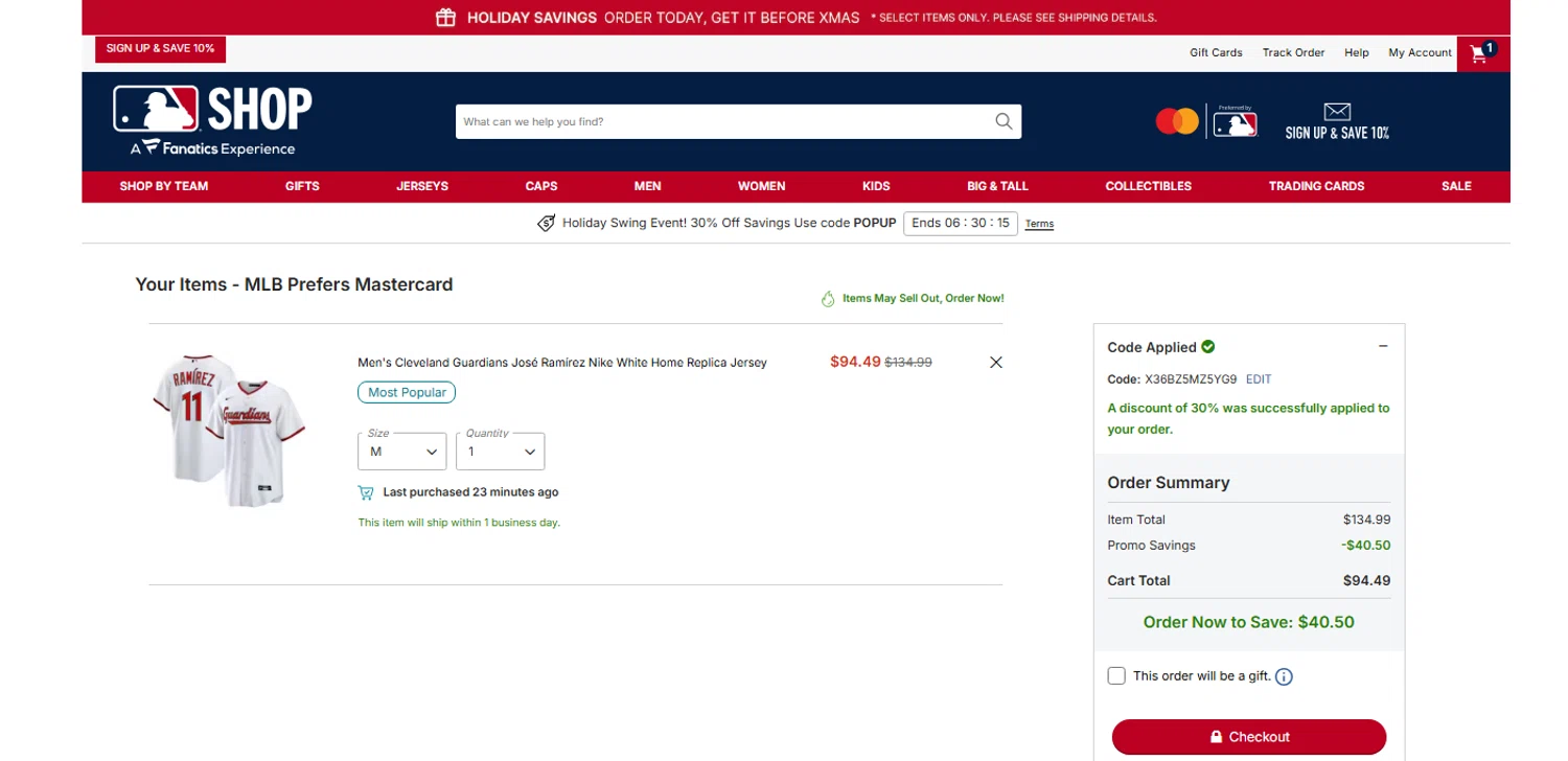 Cleveland Guardians coupon code screenshot showing code X36BZ5MZ5YG9 applied at Cleveland Guardians checkout page. Uploaded by SimplyCodes community member OnlywM on Dec 18, 2025