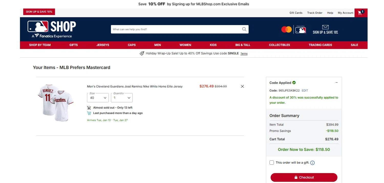 Cleveland Guardians coupon code screenshot showing code 965JPE5K8K22 applied at Cleveland Guardians checkout page. Uploaded by SimplyCodes community member OnlywM on Dec 26, 2025