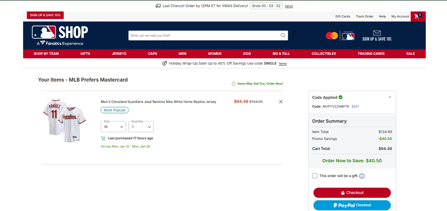 Cleveland Guardians coupon code screenshot showing code MVPYVZ2N8P7K applied at Cleveland Guardians checkout page. Uploaded by SimplyCodes community member OnlywM on Dec 22, 2025