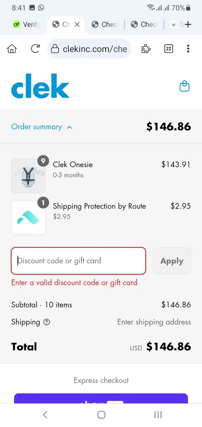 Clek discount code screenshot showing code ONESIEBOGO applied at Clek checkout page. Uploaded by SimplyCodes community member menotychire on Jun 11, 2025