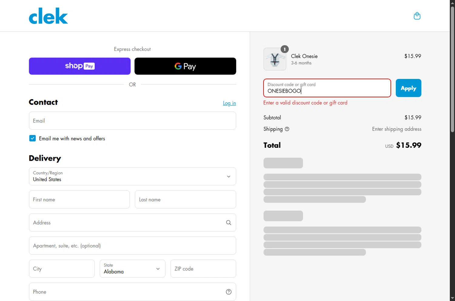 Clek discount code screenshot showing code ONESIEBOGO applied at Clek checkout page. Uploaded by SimplyCodes community member tony2702 on Jun 11, 2025