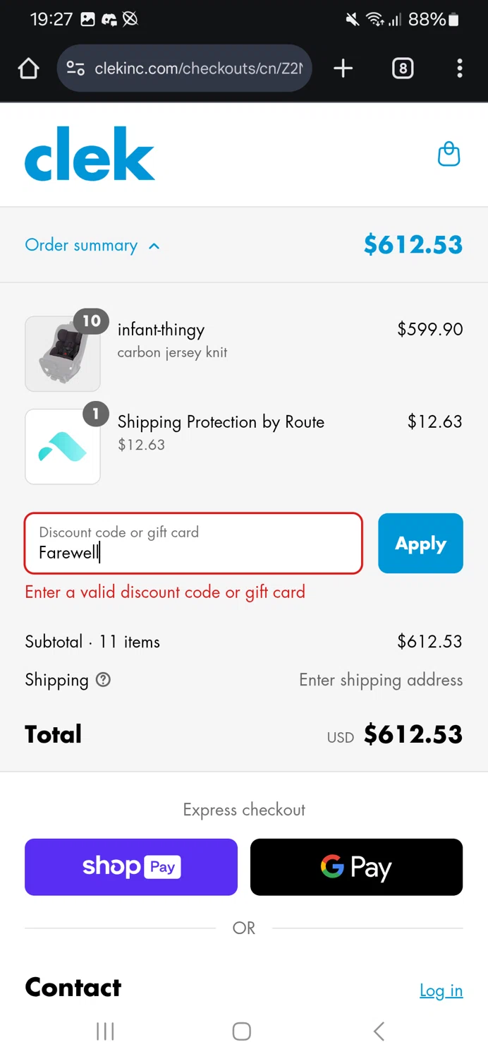 Clek discount code screenshot showing code Farewell applied at Clek checkout page. Uploaded by SimplyCodes community member bnuuuuy on Apr 19, 2025