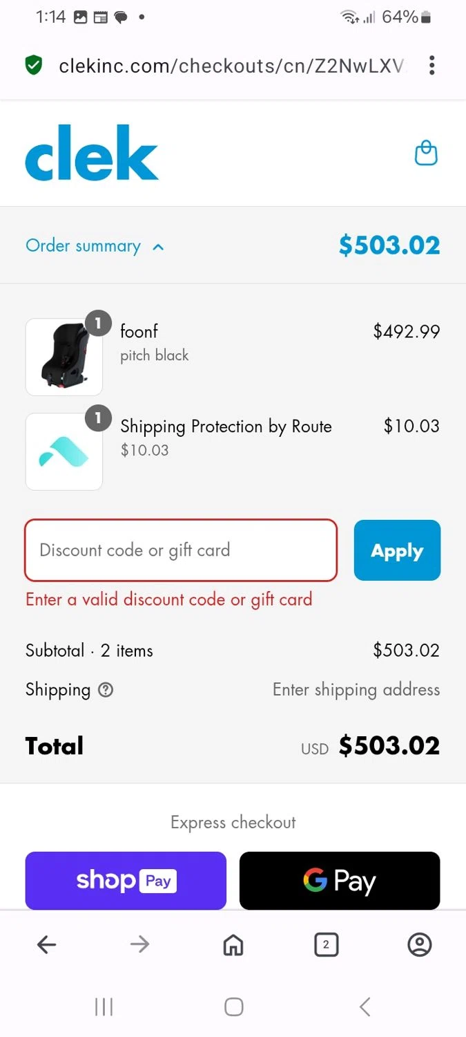 Clek discount code screenshot showing code CLEKMYRIDE10 applied at Clek checkout page. Uploaded by SimplyCodes community member MoneyMaven5115 on Apr 14, 2025