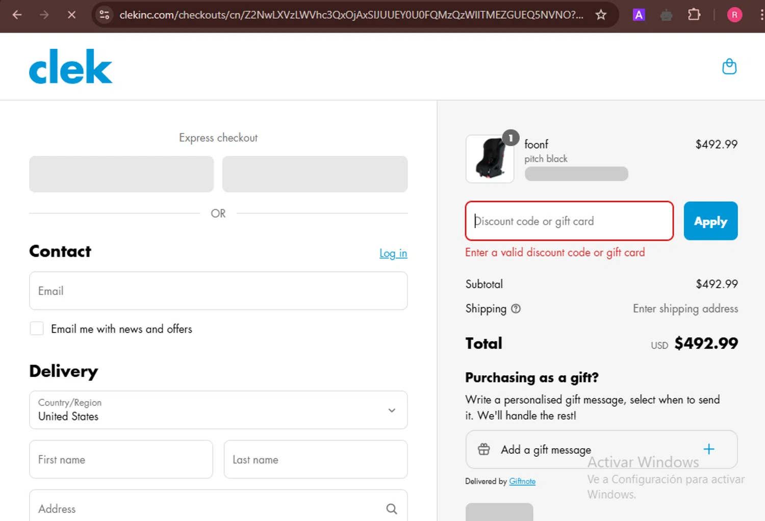 Clek discount code screenshot showing code CLEKMYRIDE10 applied at Clek checkout page. Uploaded by SimplyCodes community member ShieldOwl9891 on Apr 14, 2025