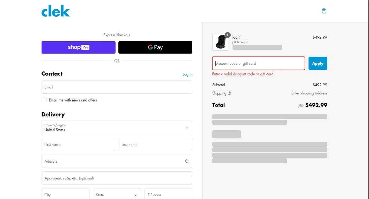 Clek discount code screenshot showing code CLEKMYRIDE10 applied at Clek checkout page. Uploaded by SimplyCodes community member mikhaildelmoral on Feb 26, 2025