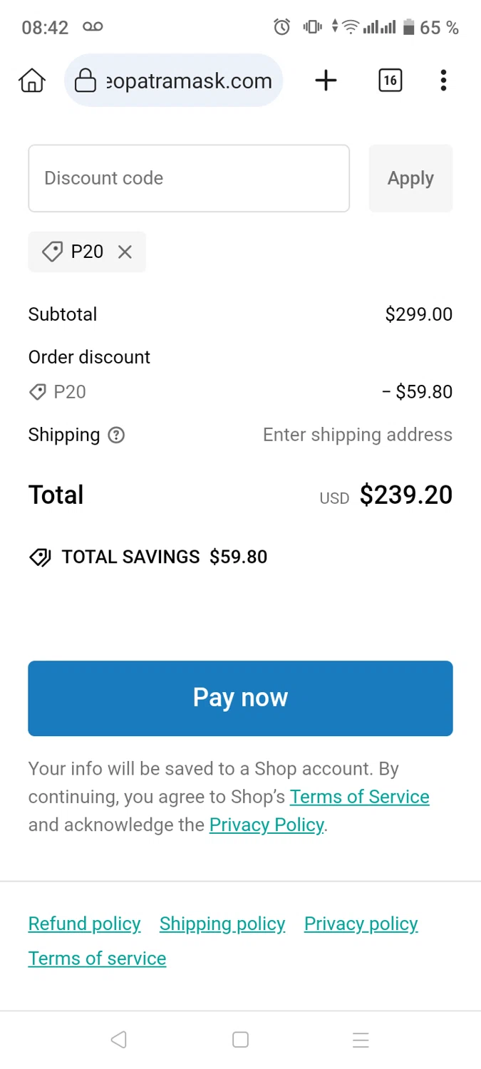 Cleopatra Mask discount code screenshot showing code P20 applied at Cleopatra Mask checkout page. Uploaded by SimplyCodes community member SavingsAce7790 on Jan 26, 2025