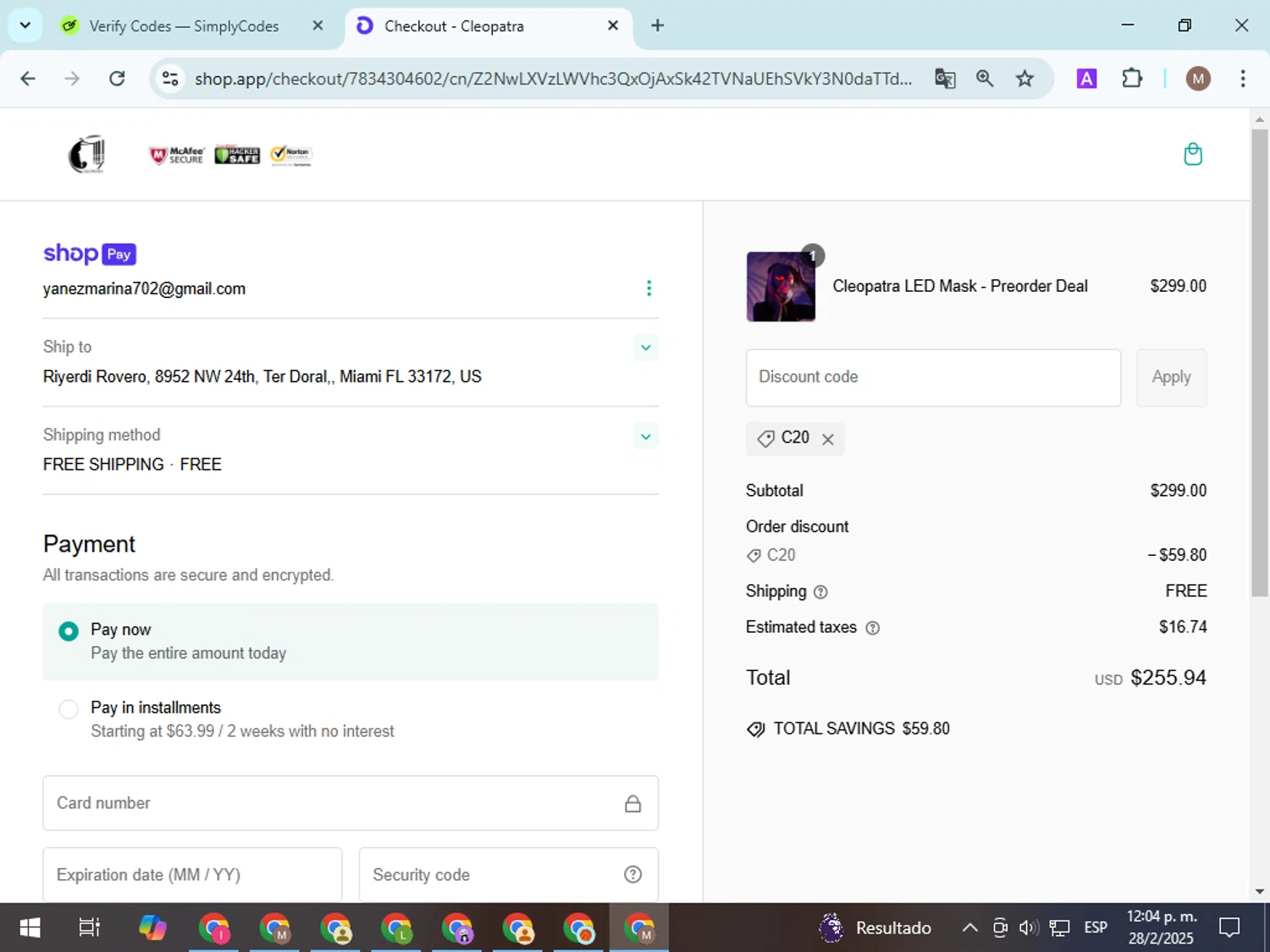 Cleopatra Mask discount code screenshot showing code C20 applied at Cleopatra Mask checkout page. Uploaded by SimplyCodes community member VoucherExpert8533 on Feb 28, 2025