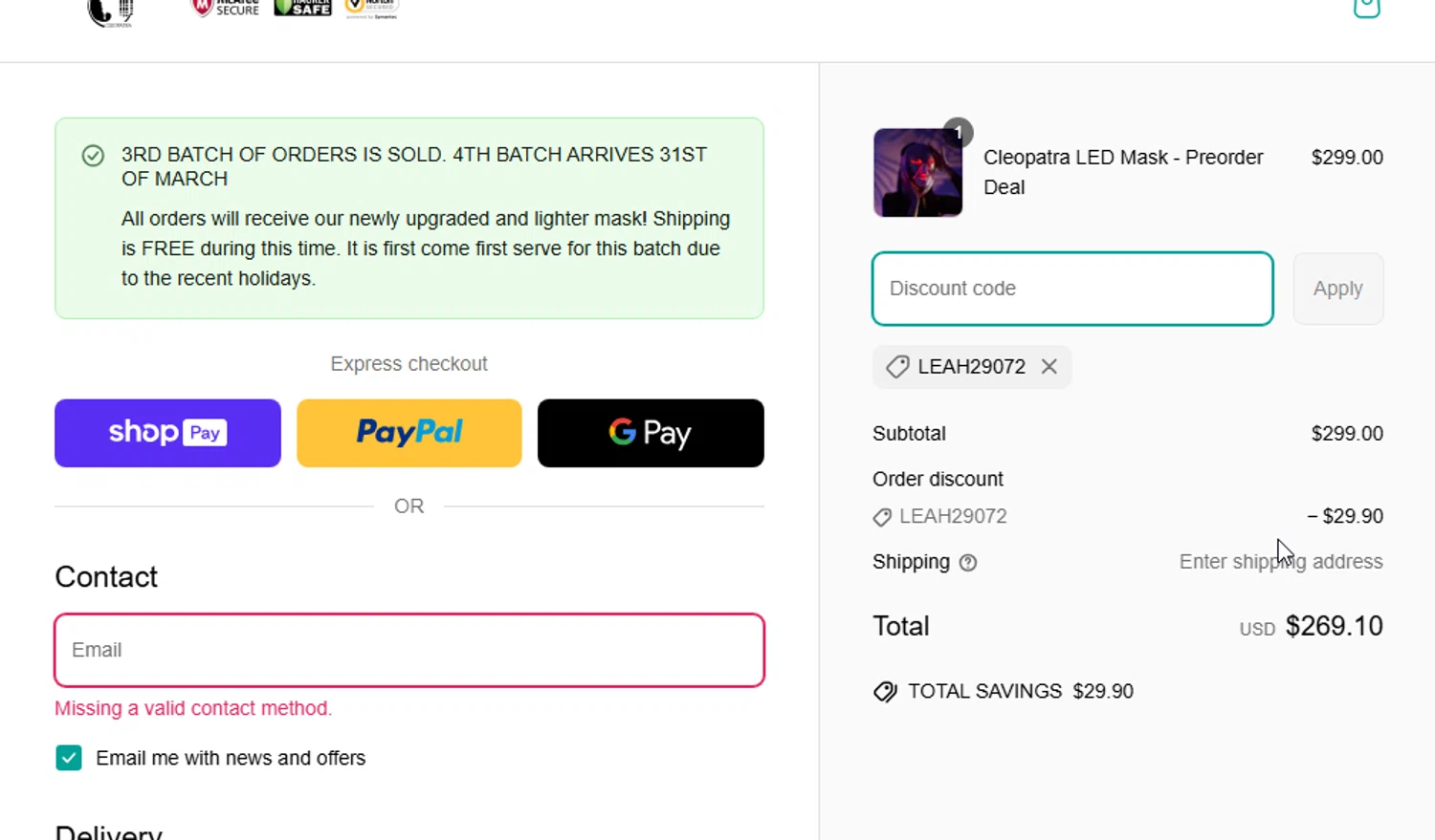 Cleopatra Mask discount code screenshot showing code LEAH29072 applied at Cleopatra Mask checkout page. Uploaded by SimplyCodes community member ligthYA on Mar 30, 2025