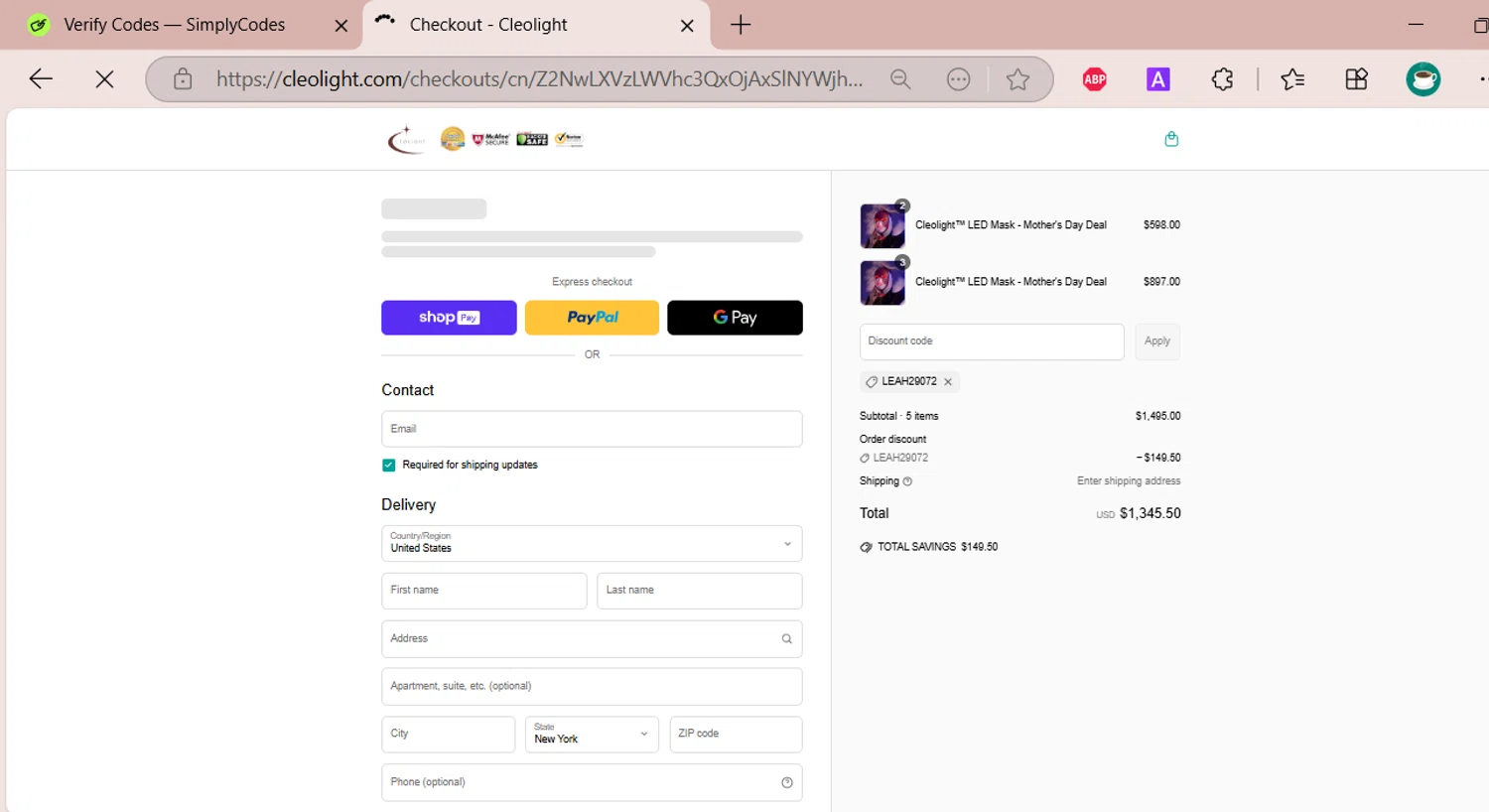 Cleopatra Mask discount code screenshot showing code LEAH29072 applied at Cleopatra Mask checkout page. Uploaded by SimplyCodes community member EpicSpotter6525 on Apr 28, 2025
