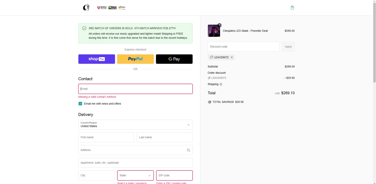 Cleopatra Mask discount code screenshot showing code LEAH29072 applied at Cleopatra Mask checkout page. Uploaded by SimplyCodes community member JAKEELDOG on Mar 1, 2025