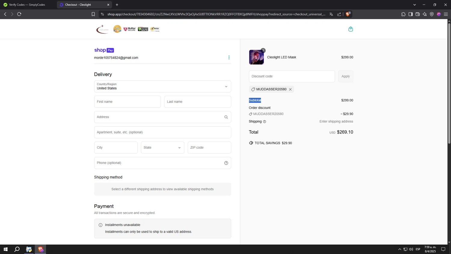 Cleopatra Mask discount code screenshot showing code MUDDASSER20580 applied at Cleopatra Mask checkout page. Uploaded by SimplyCodes community member kkkkkkkkkkkkkkkkkkkk on Apr 8, 2025