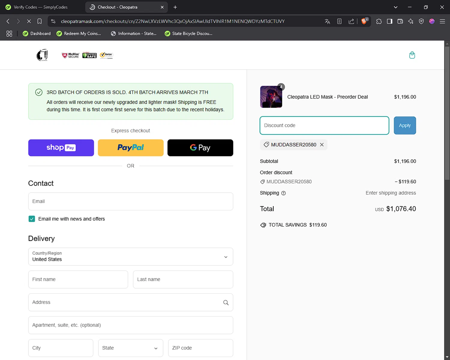 Cleopatra Mask discount code screenshot showing code MUDDASSER20580 applied at Cleopatra Mask checkout page. Uploaded by SimplyCodes community member Doomslayer on Mar 10, 2025