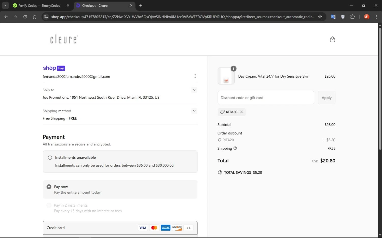 Cleure promo code screenshot showing code RITA20 applied at Cleure checkout page. Uploaded by SimplyCodes community member VoucherShopper1452 on Apr 23, 2025