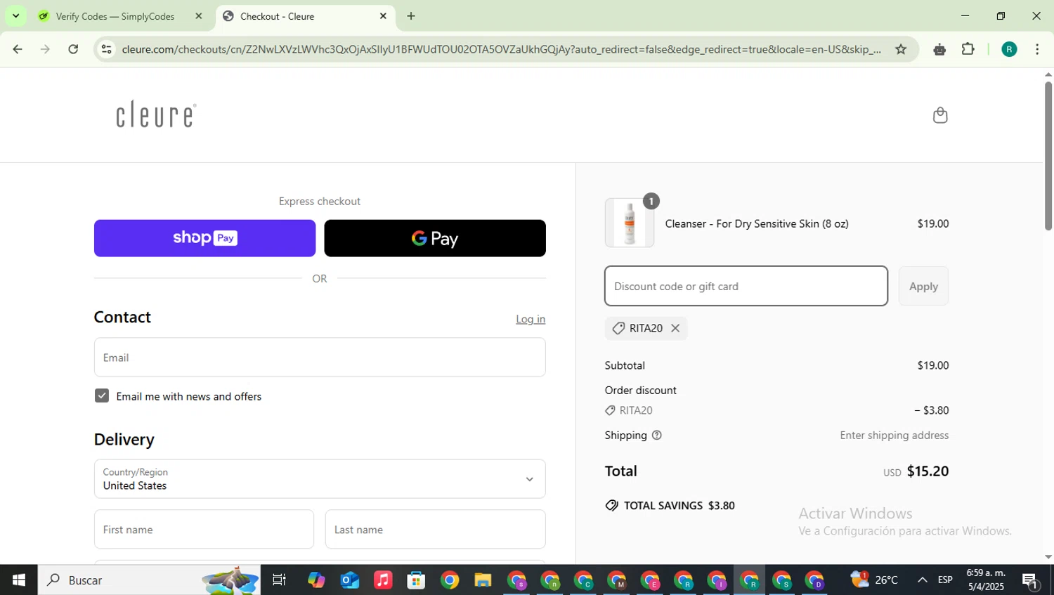 Cleure promo code screenshot showing code RITA20 applied at Cleure checkout page. Uploaded by SimplyCodes community member SavingsLegend387 on Apr 5, 2025