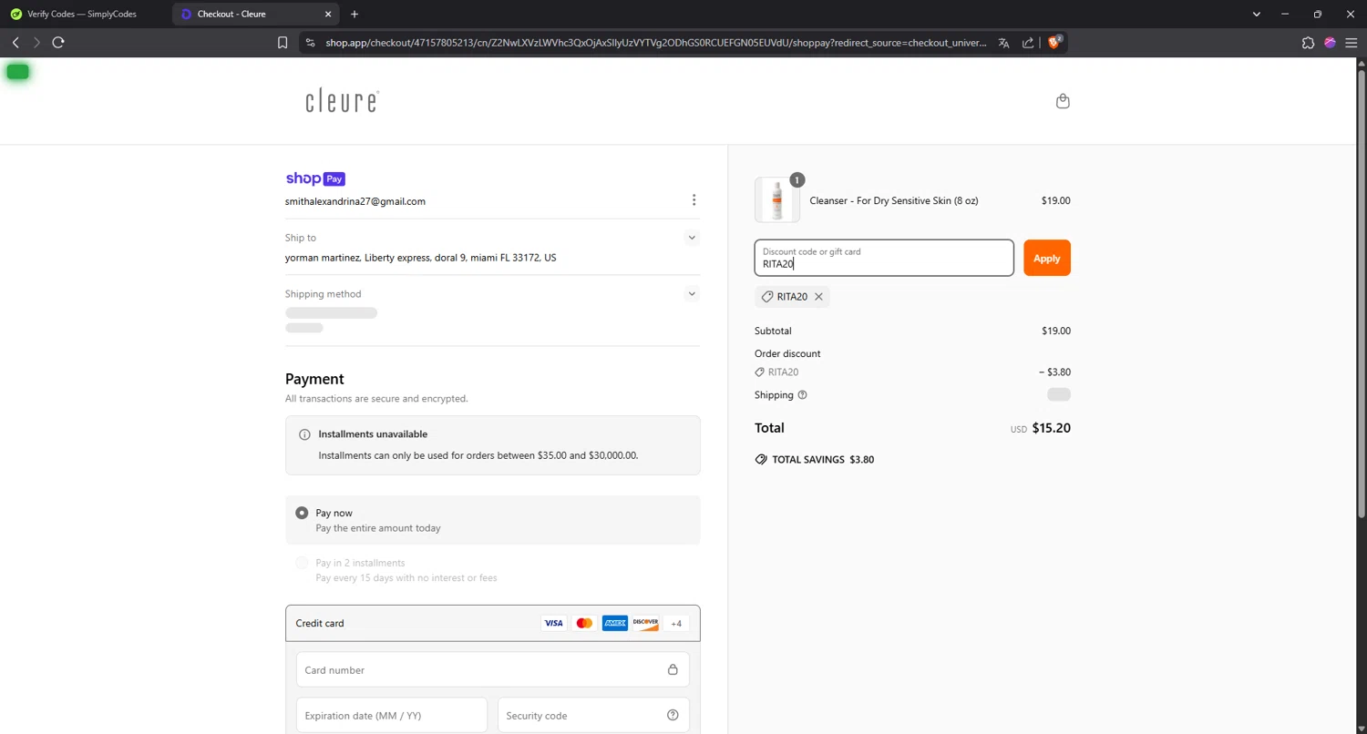 Cleure promo code screenshot showing code RITA20 applied at Cleure checkout page. Uploaded by SimplyCodes community member INSECTOS on Apr 5, 2025