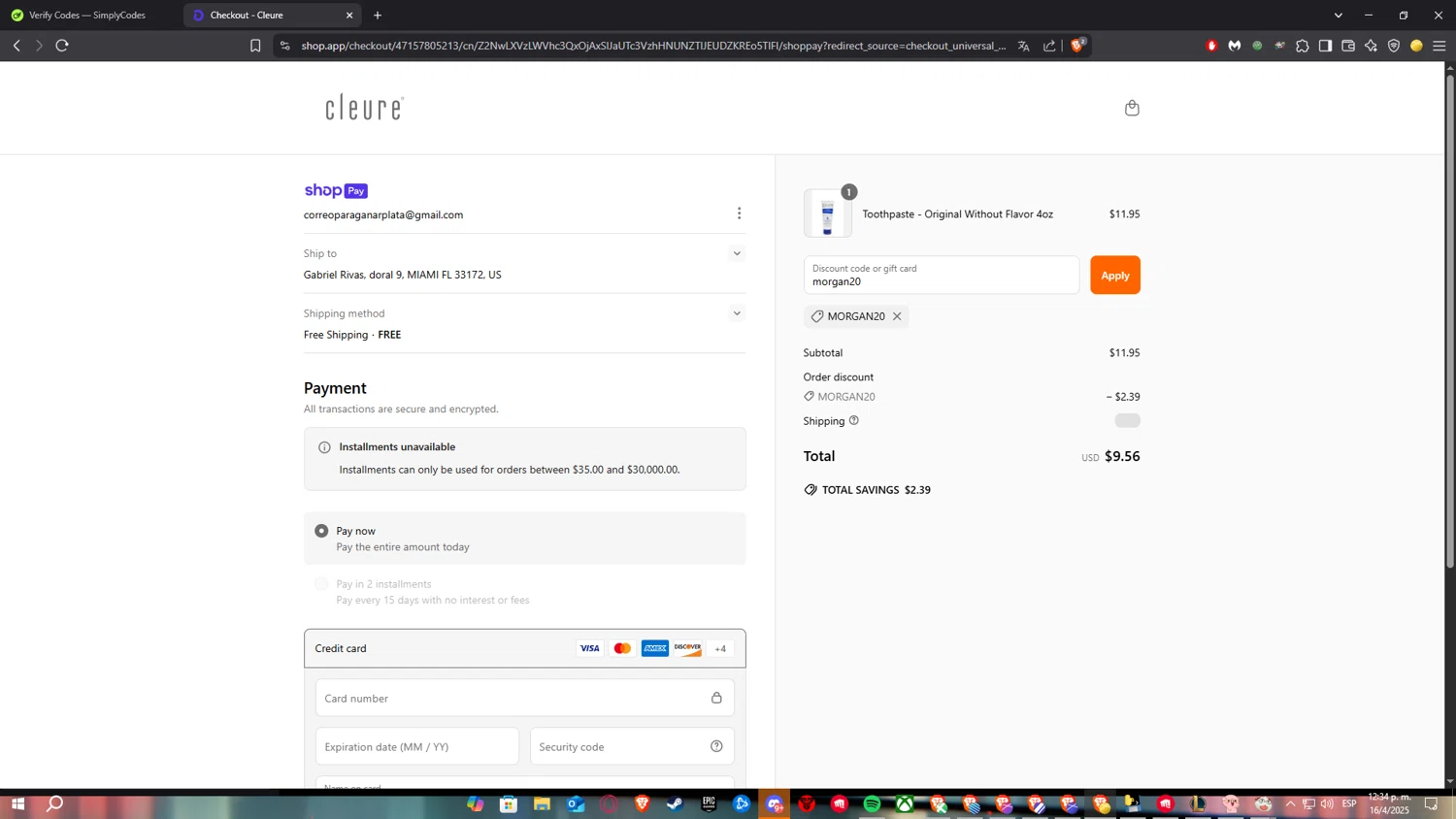 Cleure promo code screenshot showing code morgan20 applied at Cleure checkout page. Uploaded by SimplyCodes community member RickelHumilde on Apr 16, 2025