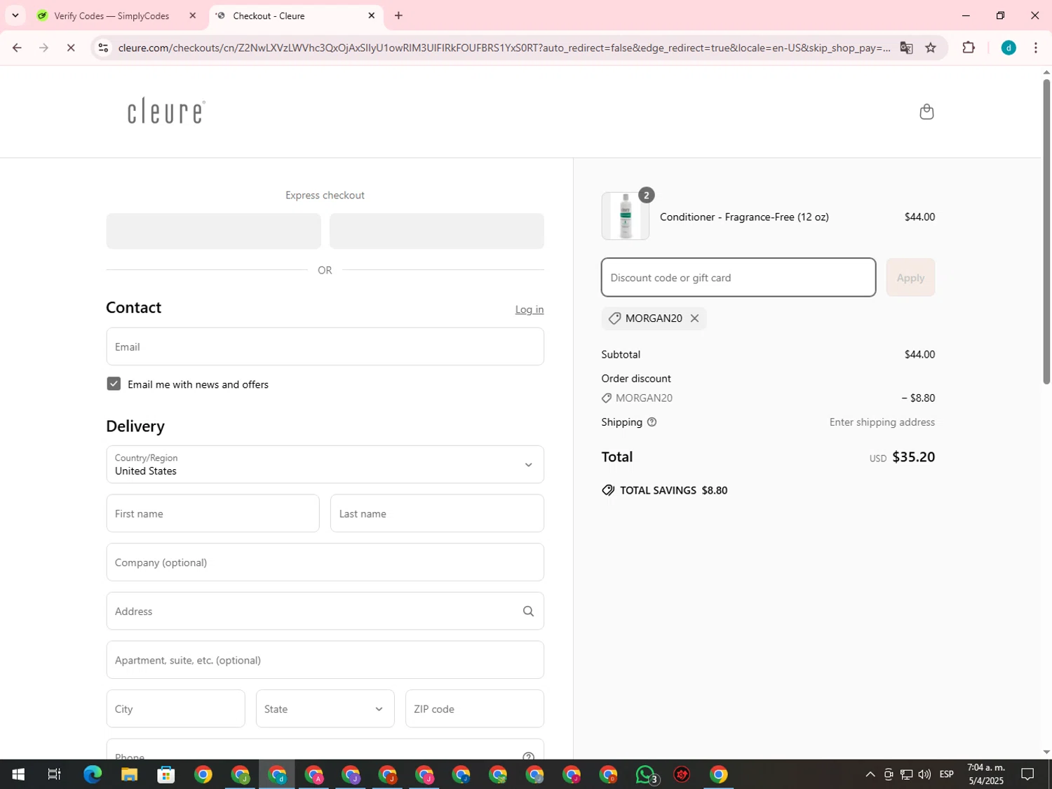 Cleure promo code screenshot showing code morgan20 applied at Cleure checkout page. Uploaded by SimplyCodes community member GloriousTiger3507 on Apr 5, 2025