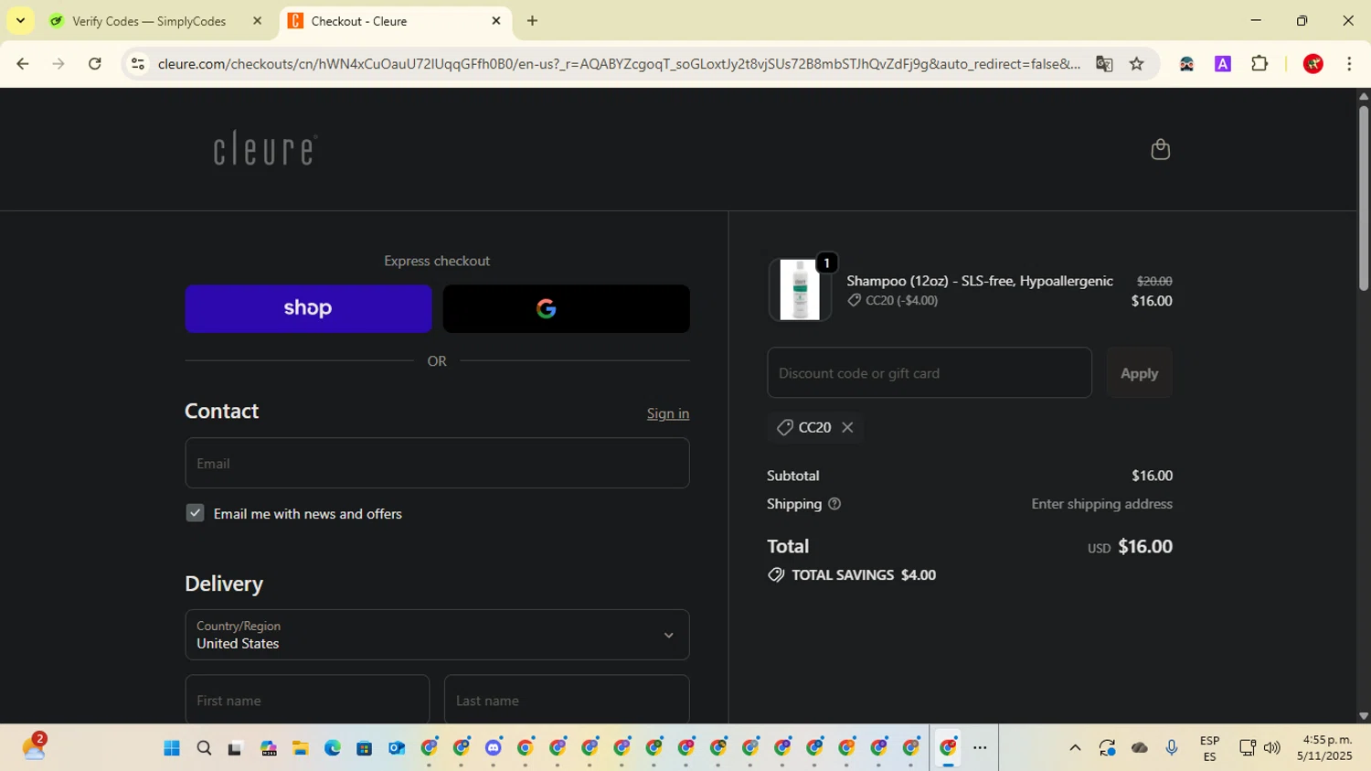 Cleure promo code screenshot showing code CC20 applied at Cleure checkout page. Uploaded by SimplyCodes community member ShrewdCaptain2457 on Nov 5, 2025