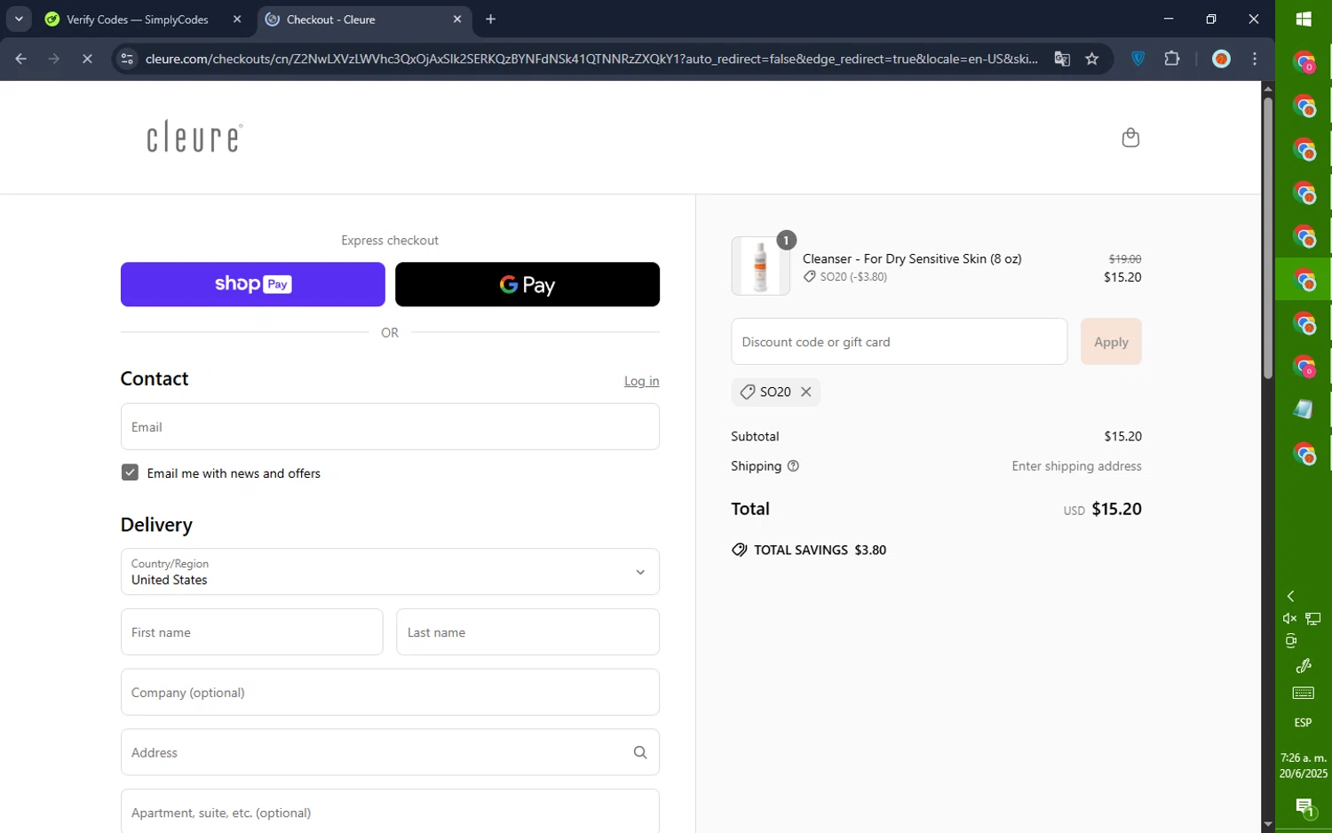 Cleure promo code screenshot showing code SO20 applied at Cleure checkout page. Uploaded by SimplyCodes community member GoldPilot5958 on Jun 20, 2025