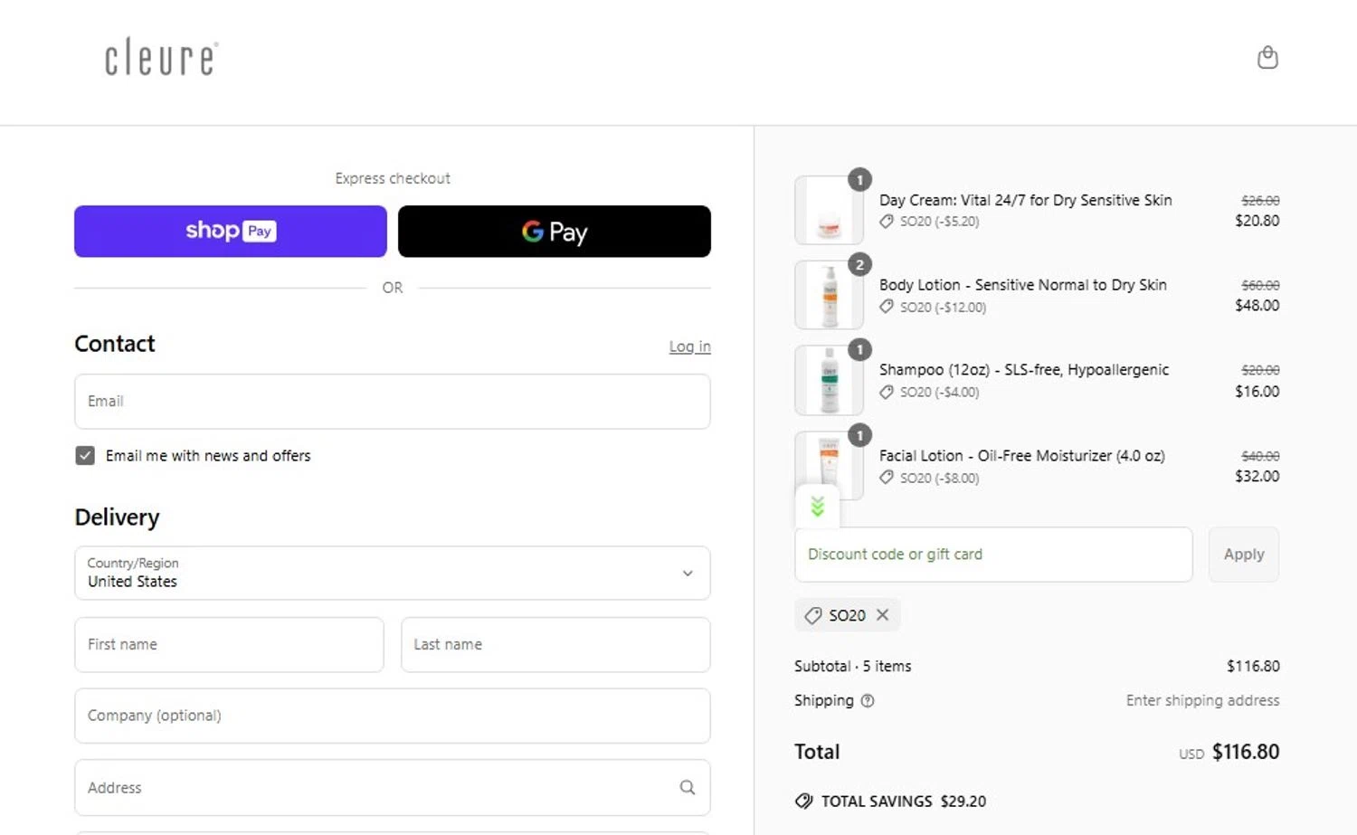 Cleure promo code screenshot showing code SO20 applied at Cleure checkout page. Uploaded by SimplyCodes community member antonietarodriguez96 on Apr 9, 2025