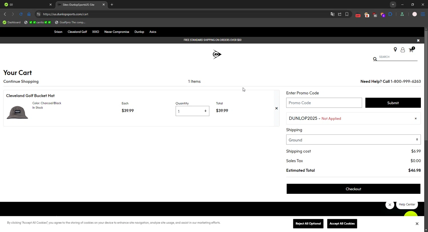 Cleveland Golf promo code screenshot showing code DUNLOP2025 applied at Cleveland Golf checkout page. Uploaded by SimplyCodes community member connyshan2154 on Nov 14, 2025