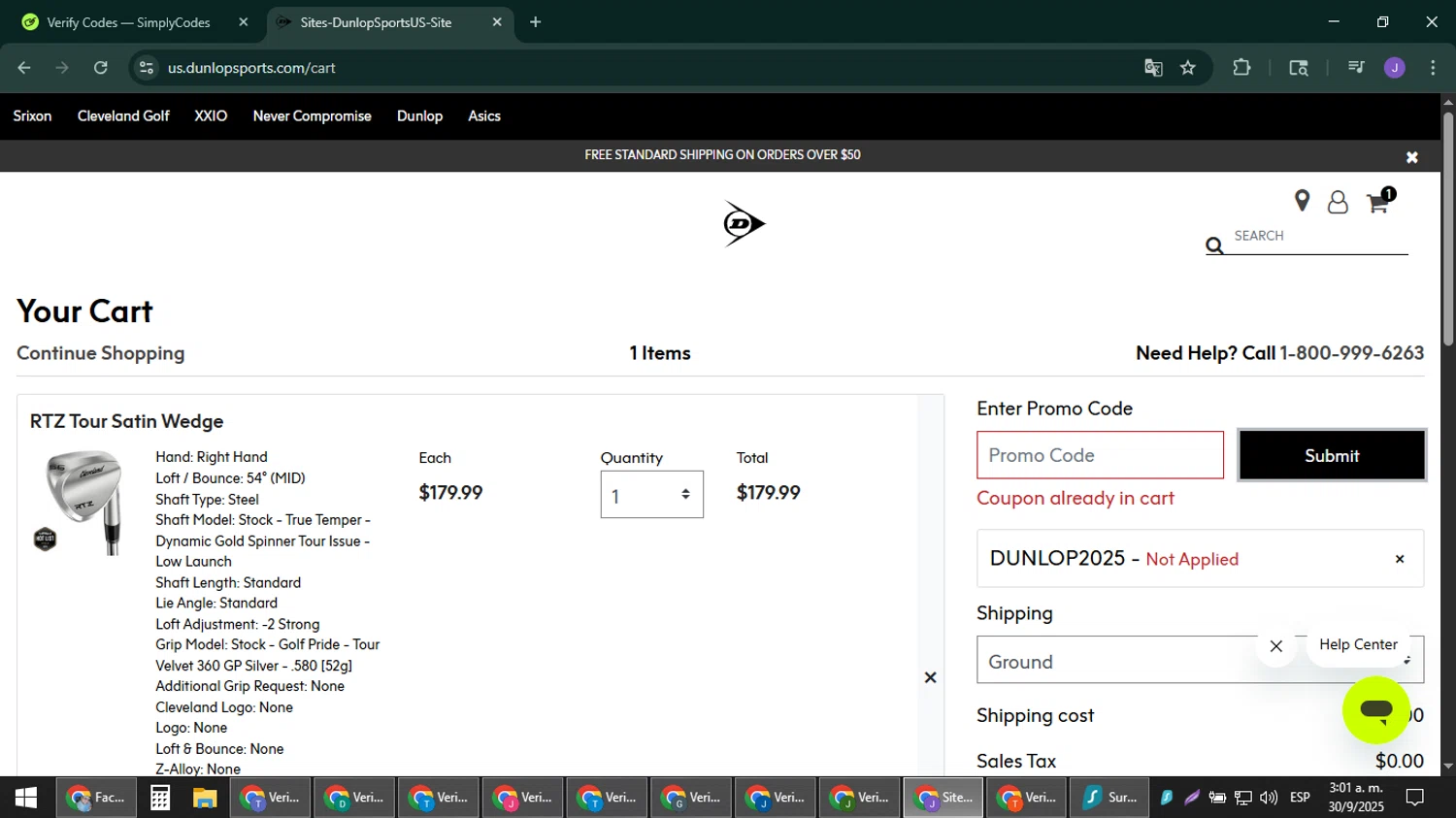 Cleveland Golf checkout page showing Cleveland Golf promo code box | Screenshot taken by SimplyCodes community member on Sep 30, 2025