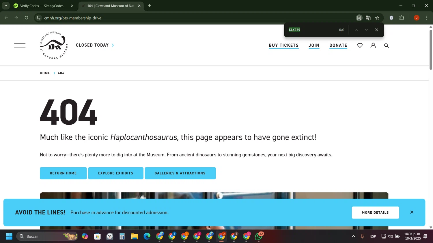 Cleveland Museum of Natural History discount code screenshot showing code BACKTOSCHOOL10 applied at Cleveland Museum of Natural History checkout page. Uploaded by SimplyCodes community member ShieldAce8260 on Mar 11, 2025