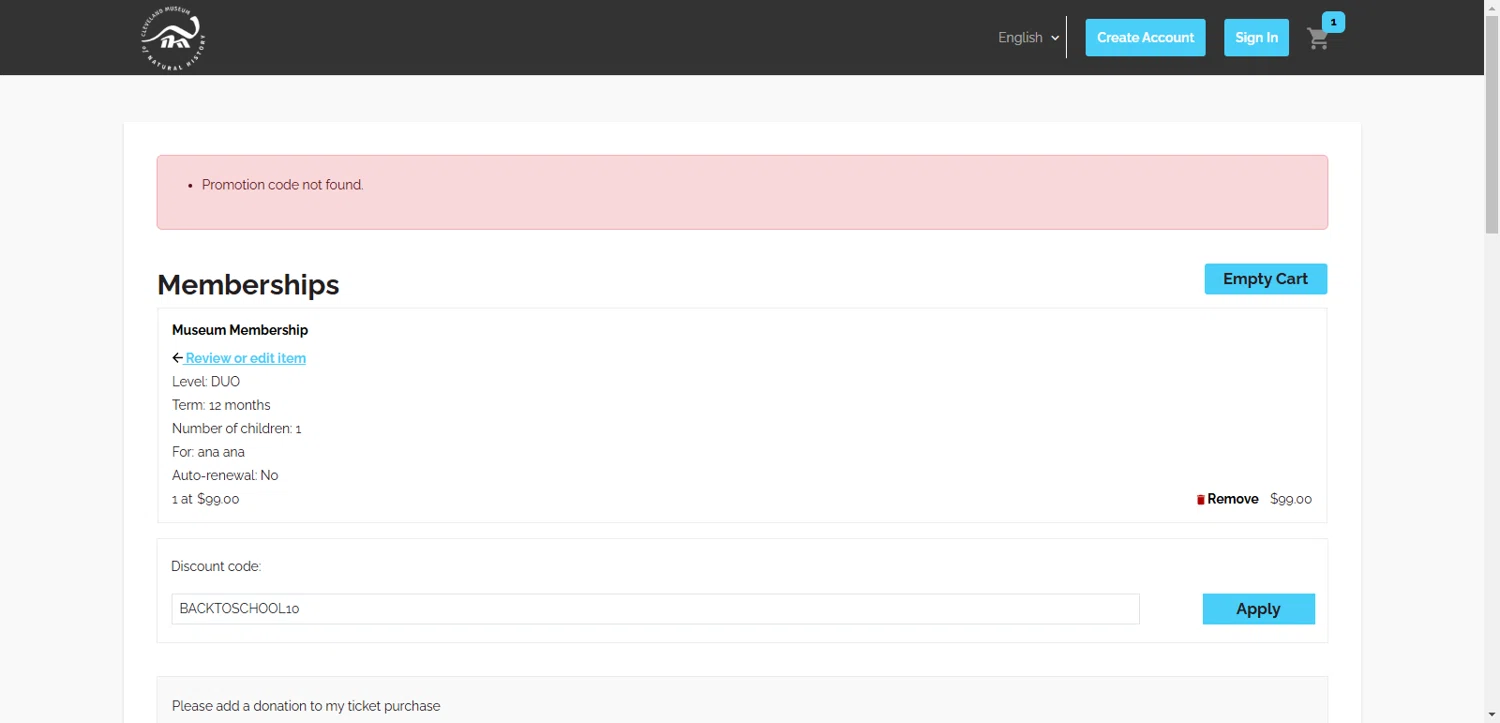 Cleveland Museum of Natural History discount code screenshot showing code BACKTOSCHOOL10 applied at Cleveland Museum of Natural History checkout page. Uploaded by SimplyCodes community member echidanarara on Mar 16, 2025