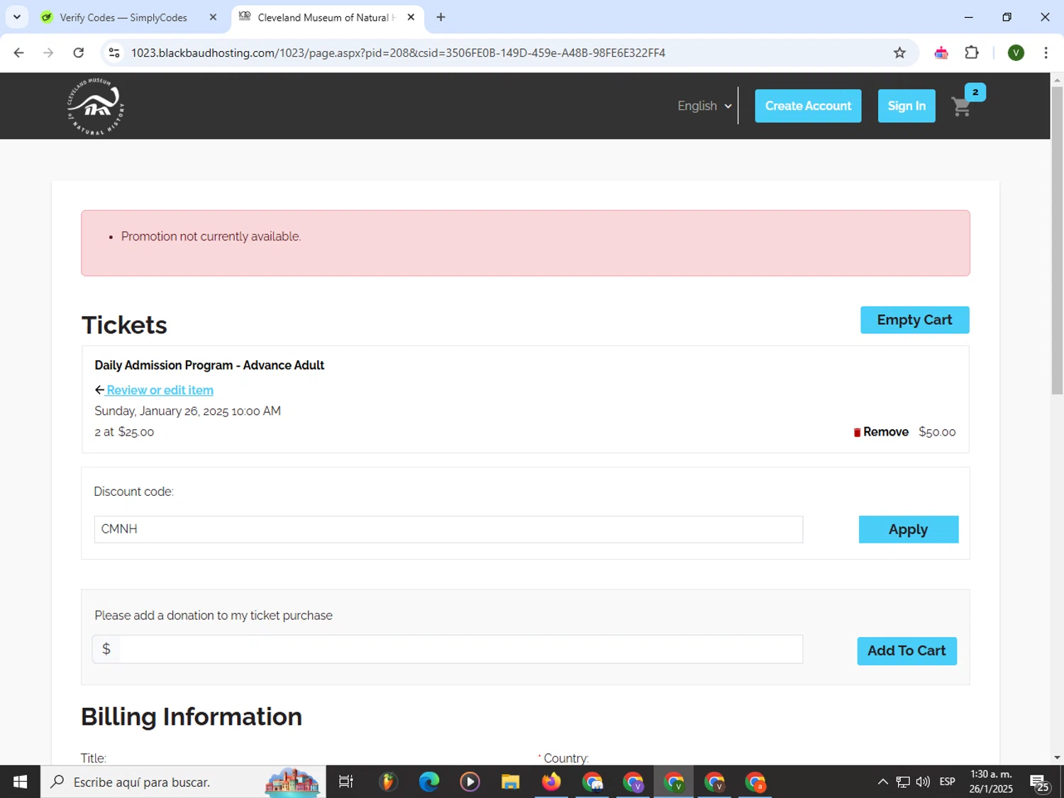 Cleveland Museum of Natural History discount code screenshot showing code CMNH applied at Cleveland Museum of Natural History checkout page. Uploaded by SimplyCodes community member PrimeWizard4168 on Jan 26, 2025