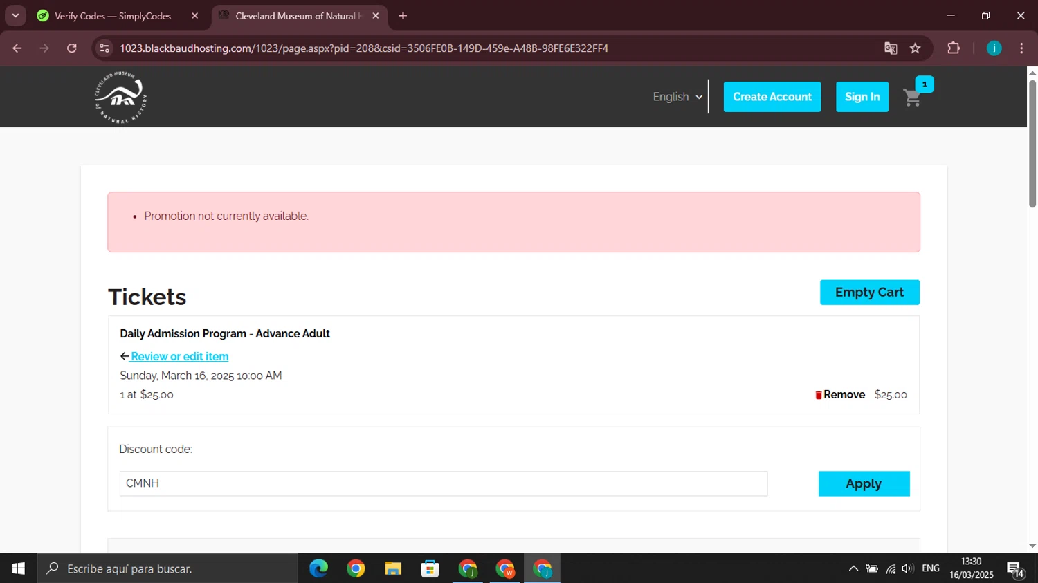Cleveland Museum of Natural History discount code screenshot showing code CMNH applied at Cleveland Museum of Natural History checkout page. Uploaded by SimplyCodes community member juanjo2 on Mar 16, 2025