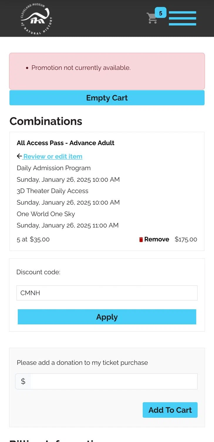 Cleveland Museum of Natural History discount code screenshot showing code CMNH applied at Cleveland Museum of Natural History checkout page. Uploaded by SimplyCodes community member xxdddd on Jan 26, 2025