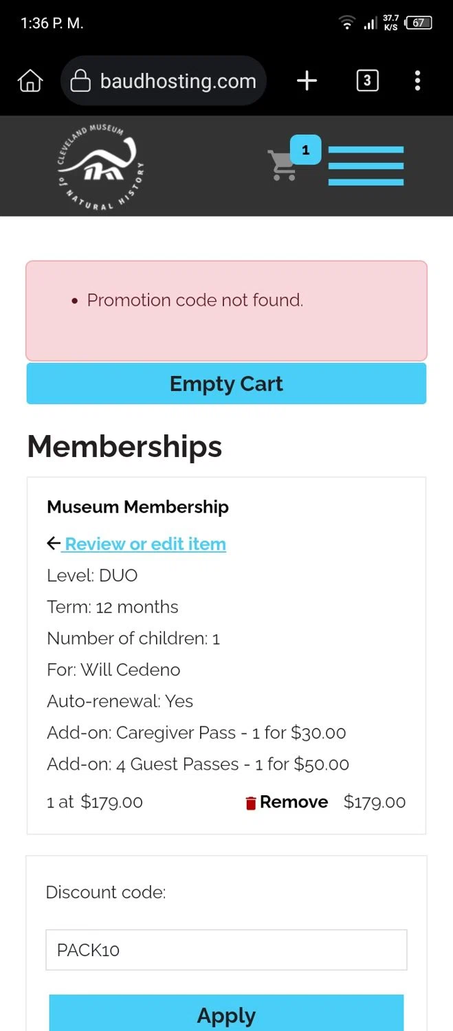 Cleveland Museum of Natural History discount code screenshot showing code PACK10 applied at Cleveland Museum of Natural History checkout page. Uploaded by SimplyCodes community member MightyOwl7578 on Jan 12, 2025