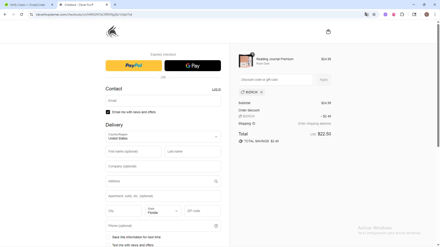 Clever Fox Planner promo code screenshot showing code BIZROK applied at Clever Fox Planner checkout page. Uploaded by SimplyCodes community member pequenokalvin5 on Aug 29, 2025
