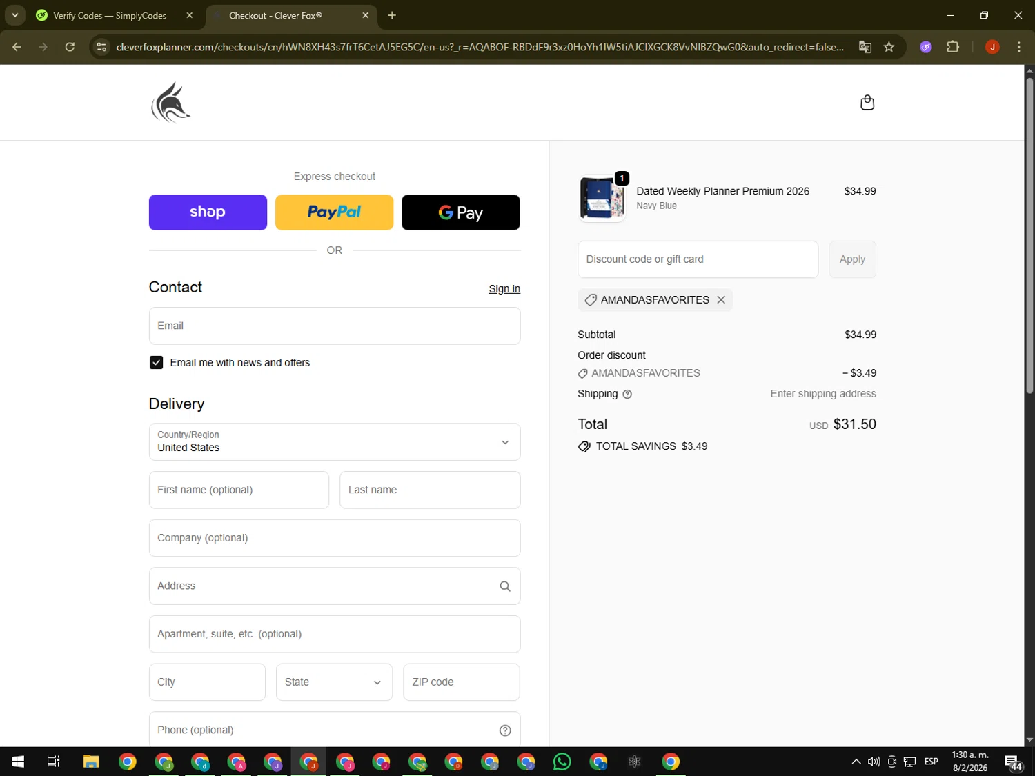 Clever Fox Planner promo code screenshot showing code AMANDASFAVORITES applied at Clever Fox Planner checkout page. Uploaded by SimplyCodes community member KimDokja on Feb 8, 2026