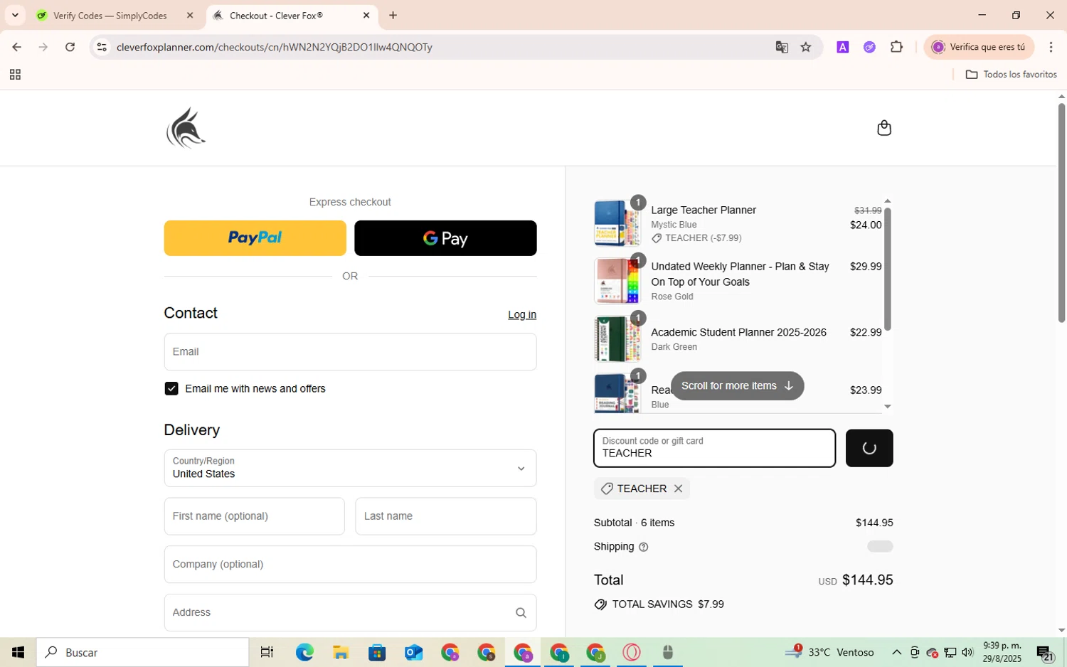 Clever Fox Planner promo code screenshot showing code TEACHER applied at Clever Fox Planner checkout page. Uploaded by SimplyCodes community member Andygar on Aug 29, 2025
