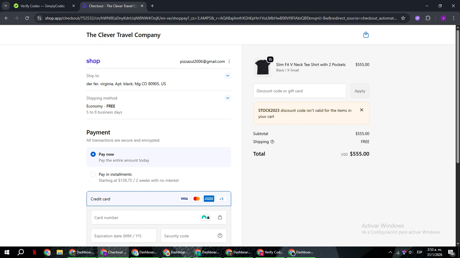 The Clever Travel Companion promo code screenshot showing code STOCK2023 applied at The Clever Travel Companion checkout page. Uploaded by SimplyCodes community member ComeBurra123 on Jan 31, 2026