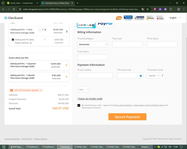 Clevguard checkout page showing Clevguard coupon code box | Screenshot taken by SimplyCodes community member on Aug 12, 2025