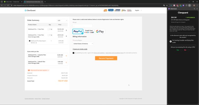 Clevguard checkout page showing Clevguard coupon code box | Screenshot taken by SimplyCodes community member on Aug 25, 2025