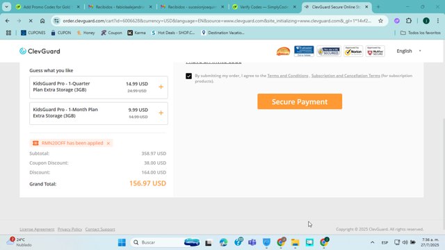 Clevguard checkout page showing Clevguard coupon code box | Screenshot taken by SimplyCodes community member on Jul 27, 2025