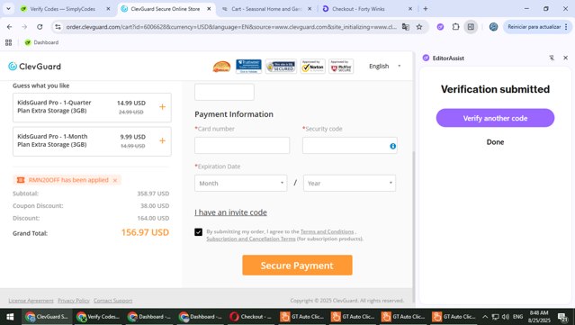 Clevguard checkout page showing Clevguard coupon code box | Screenshot taken by SimplyCodes community member on Aug 25, 2025