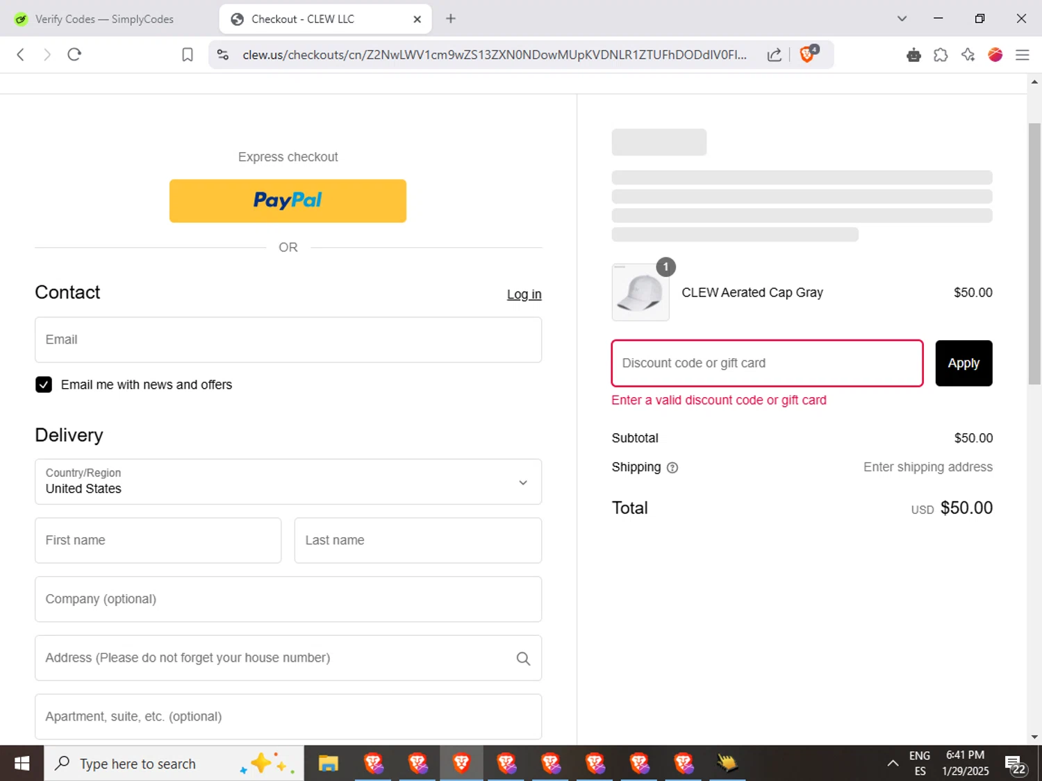 CLEW US promo code screenshot showing code SPC10 applied at CLEW US checkout page. Uploaded by SimplyCodes community member Joserafa on Jan 29, 2025