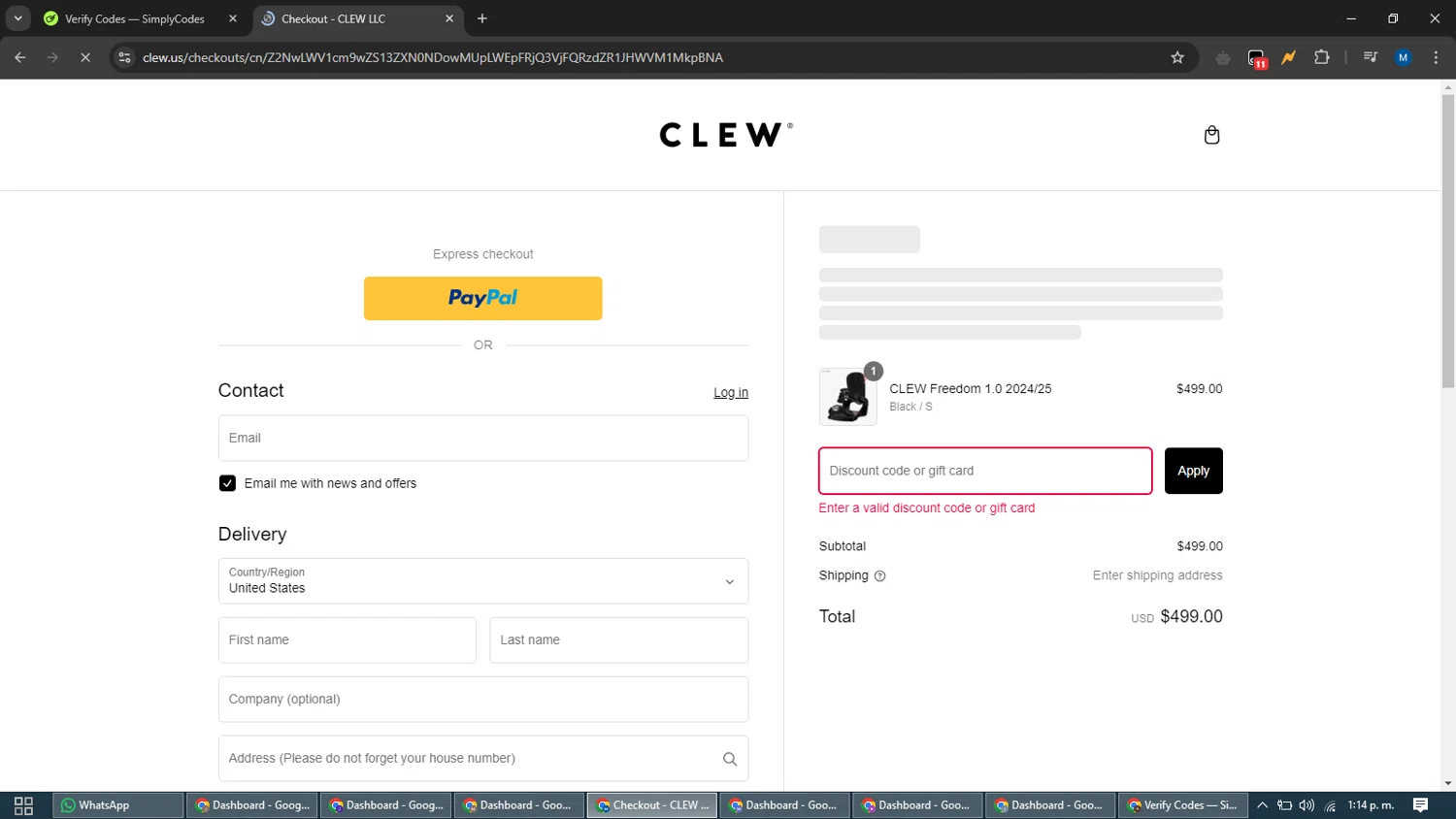 CLEW US promo code screenshot showing code SPC10 applied at CLEW US checkout page. Uploaded by SimplyCodes community member EpicVoyager2820 on Feb 12, 2025