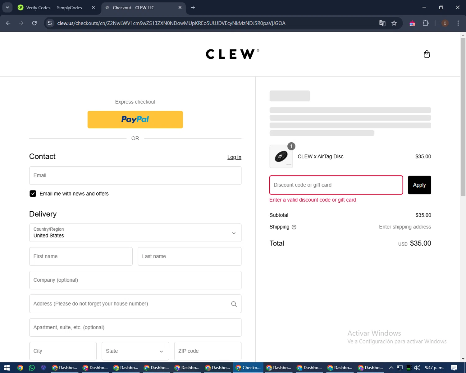 CLEW US promo code screenshot showing code SPC10 applied at CLEW US checkout page. Uploaded by SimplyCodes community member Legendar on Jan 25, 2025