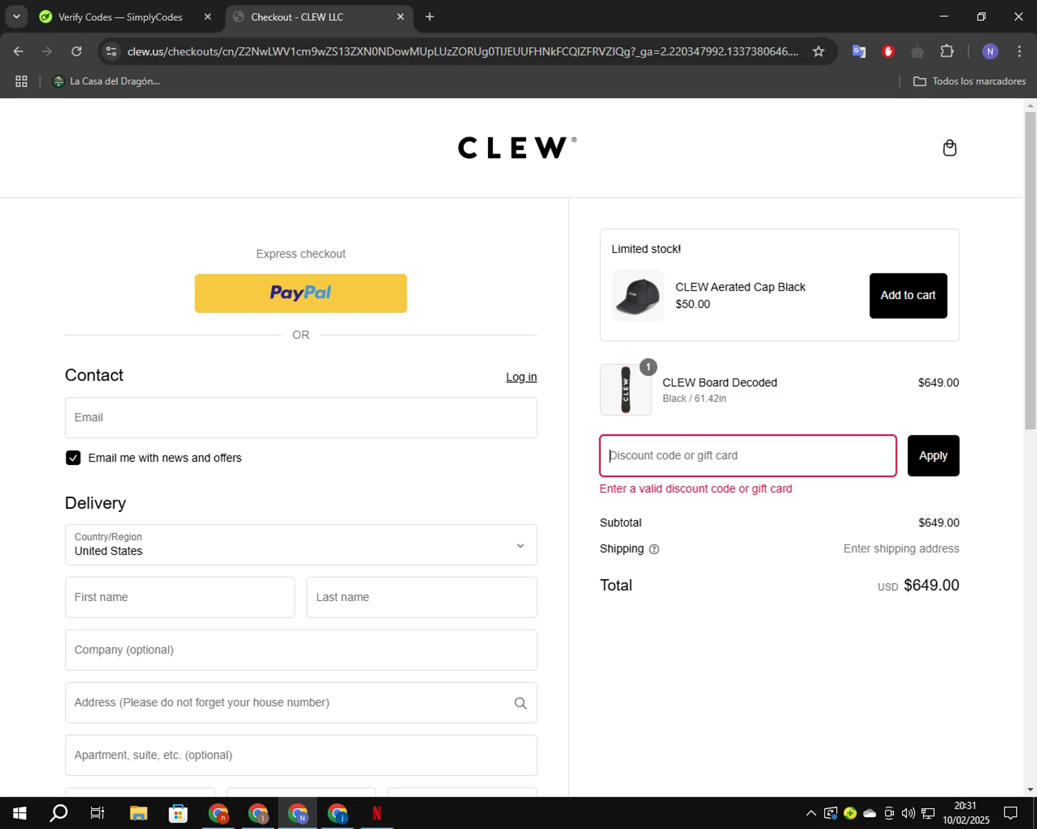 CLEW US promo code screenshot showing code BUCK10 applied at CLEW US checkout page. Uploaded by SimplyCodes community member RoyalGuardian2978 on Feb 11, 2025
