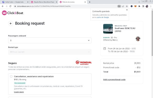 Click&Boat checkout page showing Click&Boat promo code box | Screenshot taken by SimplyCodes community member on Jun 18, 2022
