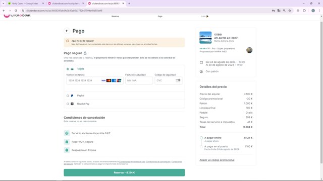 Click&Boat checkout page showing Click&Boat promo code box | Screenshot taken by SimplyCodes community member on Aug 24, 2024