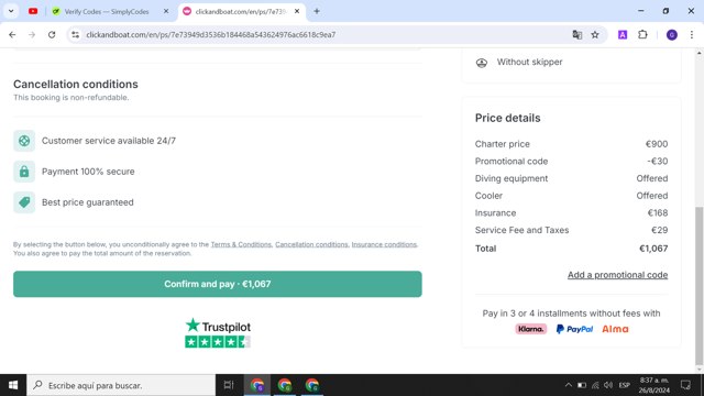 Click&Boat checkout page showing Click&Boat promo code box | Screenshot taken by SimplyCodes community member on Aug 26, 2024