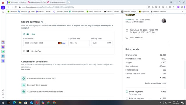 Click&Boat checkout page showing Click&Boat promo code box | Screenshot taken by SimplyCodes community member on Mar 21, 2025