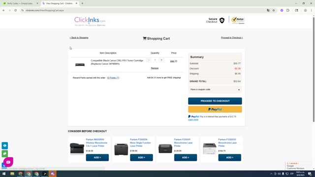 ClickInks checkout page showing ClickInks promo code box | Screenshot taken by SimplyCodes community member on Aug 8, 2025